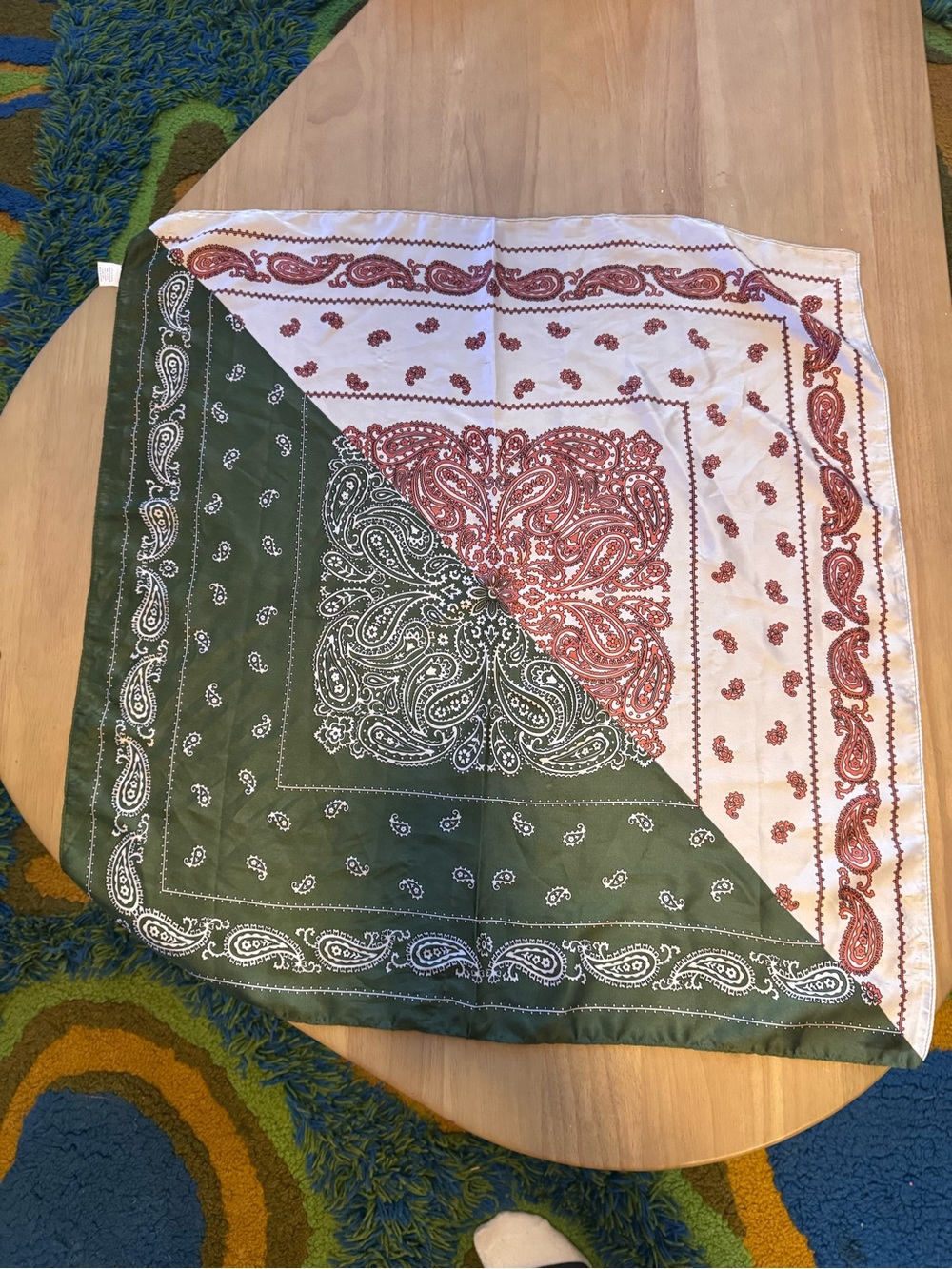 Abercrombie & Fitch Green and White Paisley Bandana Scarf with Red Accents
